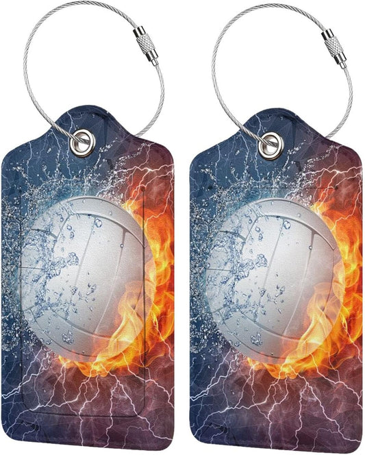 Set of 2 Volleyball Luggage Suitcases Tags for Sports Men Boys Kids Women Girls Travel, Name ID Card Labels Set PU Leather with Full Back Privacy Cover Stainless Steel Loop Baggage Tags for Travel