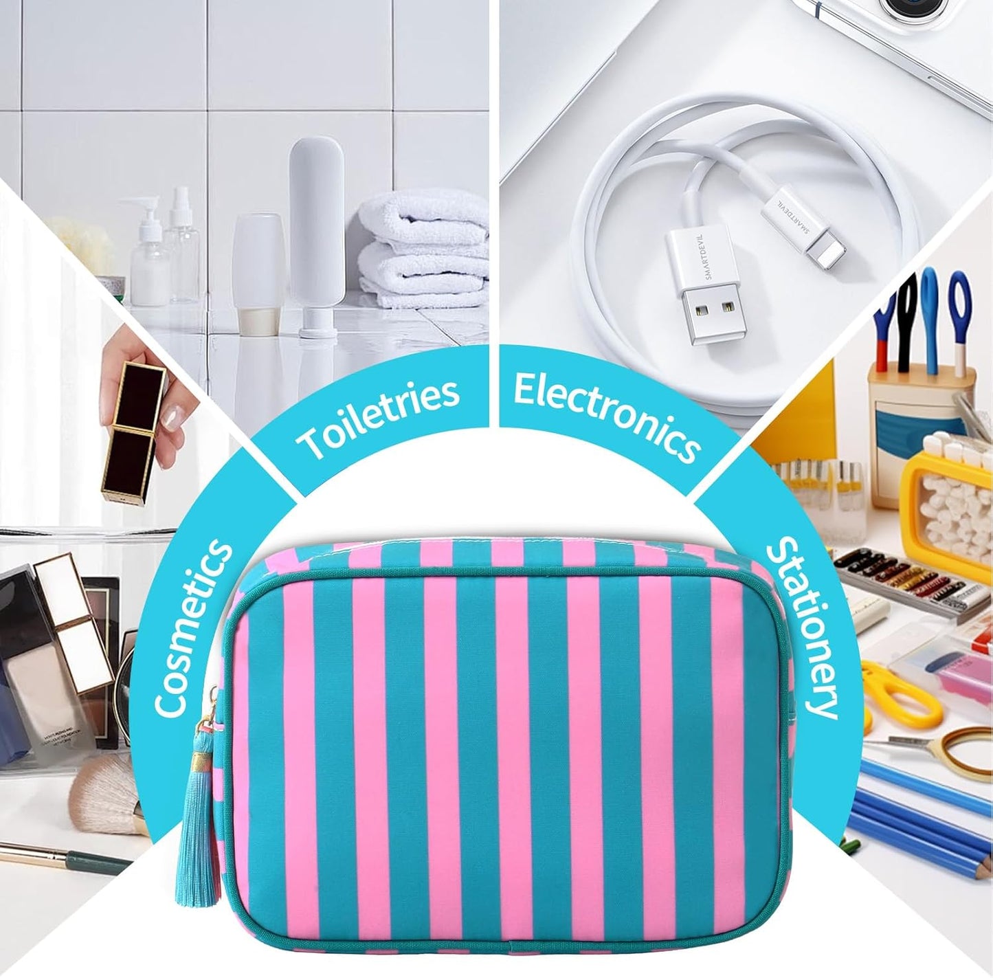 Stripe Makeup Bag Travel Cosmetic Bag Organizer Tassel Toiletry Bag Large Canvas Zipper Pouch and Accessories Storage Bag for Women