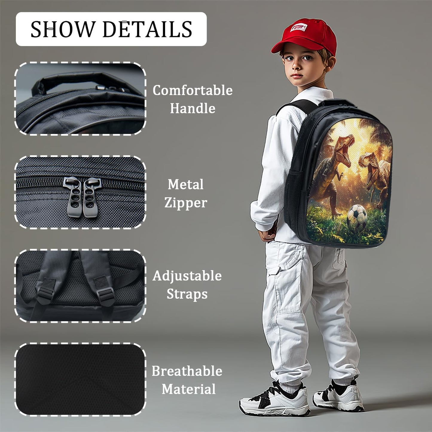 Funny Dinosaur Backpack Soccer School Bag 3PCS Backpack 16 Inch with Lunch Bag Set Lightweight for Teen Boys Girls Kids Elementary Middle School