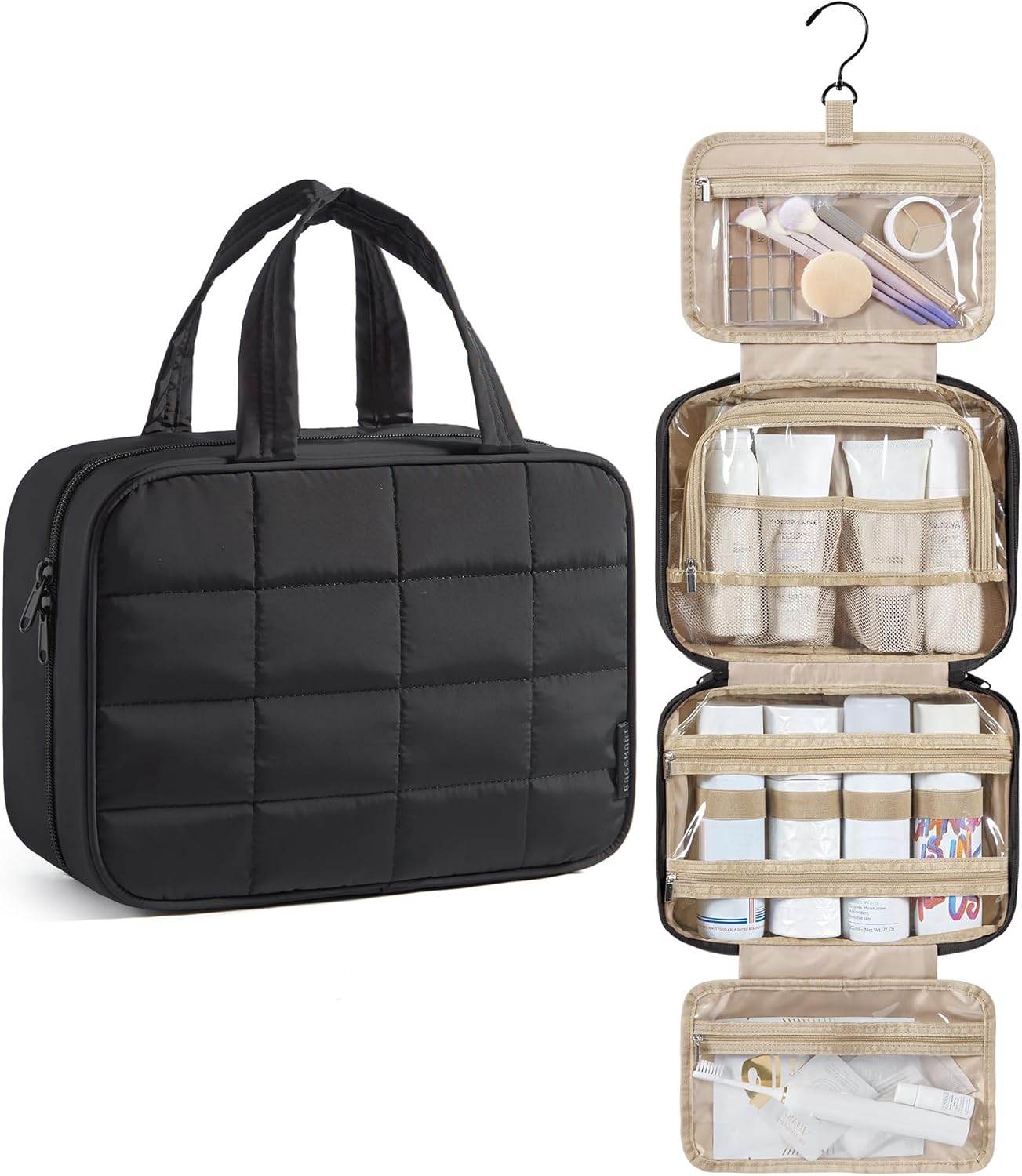 BAGSMART Travel Toiletry Bag for Women, Hanging Travel Bag for Toiletries, Puffy Makeup Cosmetic Bag Organizer, Carry-on Travel Accessories Essentials, Black