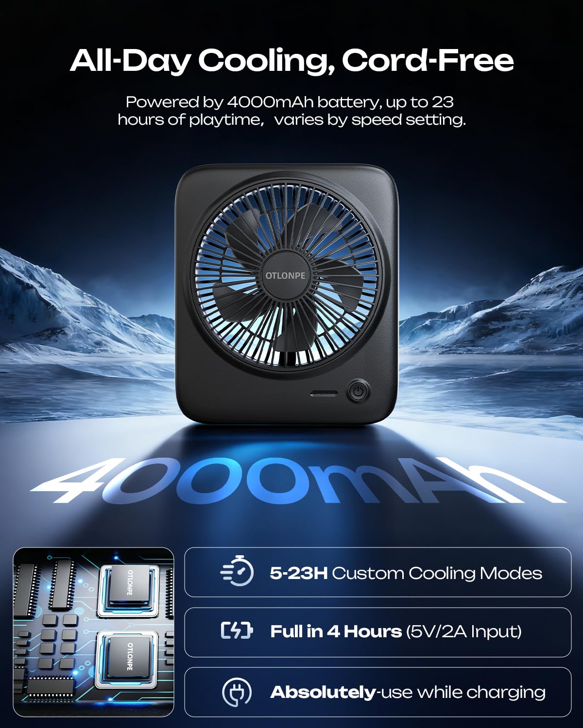 Otlonpe Personal Portable Desk Fan, 4000mAh Small Rechargeable Portable Fan Battery Operated & USB
