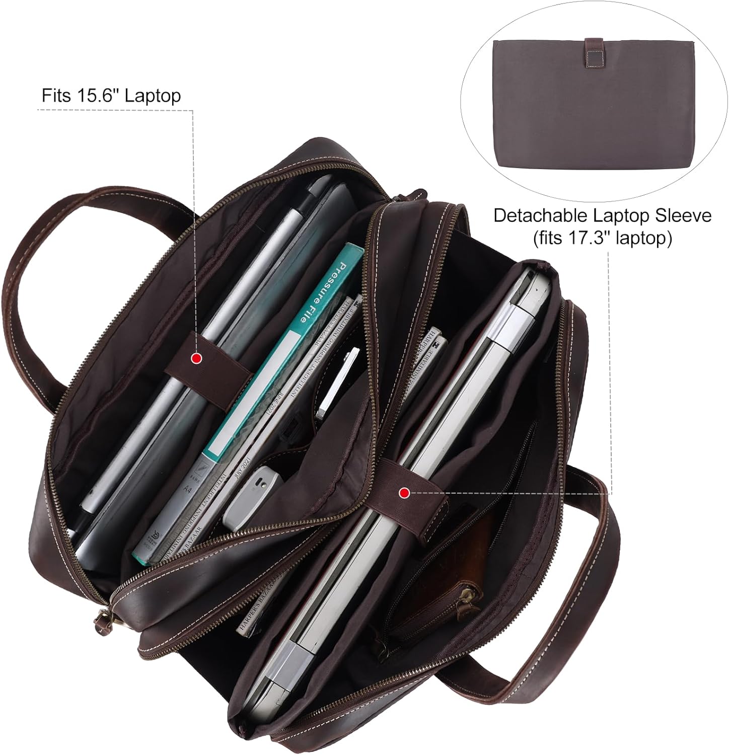 TIDING Leather Business Travel Briefcase for Men, Large 15.6" 17.3" Laptop Crossbody Shoulder