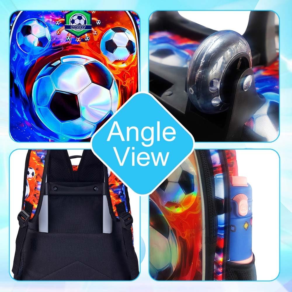 3PCS Rolling Backpack for Boys, Kids Roller Bookbag with Wheels, Soccer Wheeled School Backpack for
