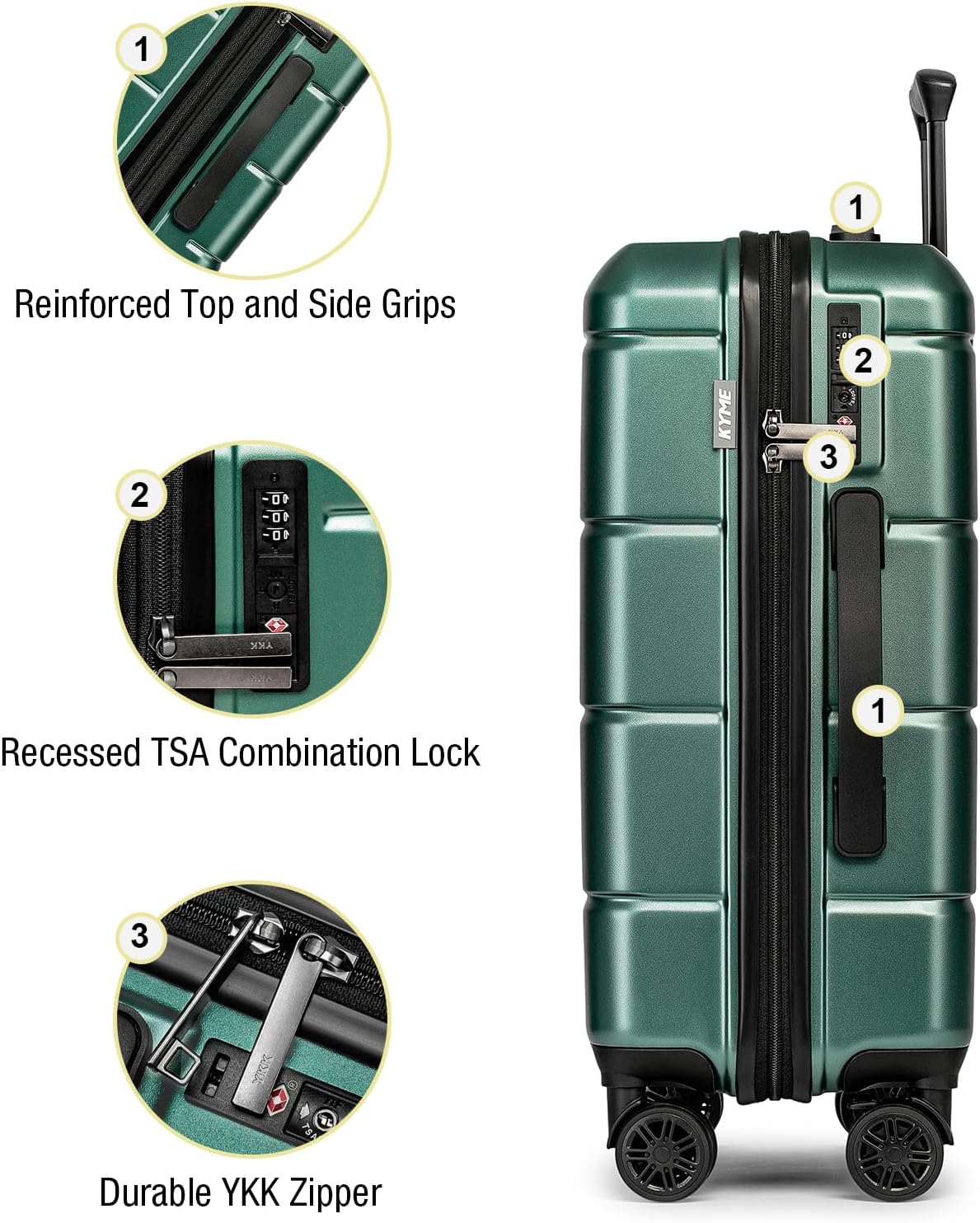 KYME 26 Inch Luggage TSA Approved Hard Shell Suitcases with Spinner Wheels Durable Medium Travel Checked Luggage with Cup Holder for Women Men Green