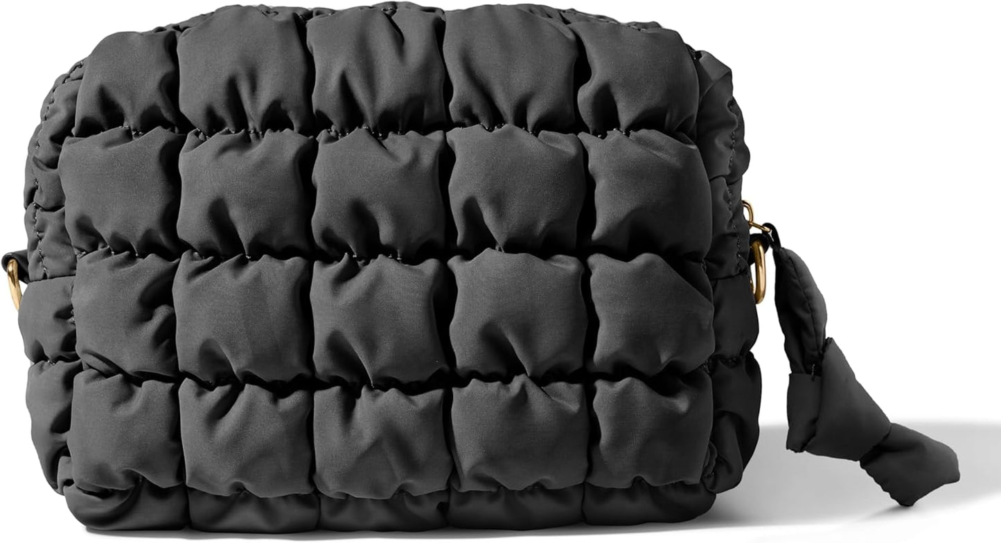 Yarnic Quilted Makeup Bag Cosmetic Bag, Travel Toiletry Bag for Women, Cute Makeup Bag Organizer Black Puffer Makeup Pouch (M, Black)