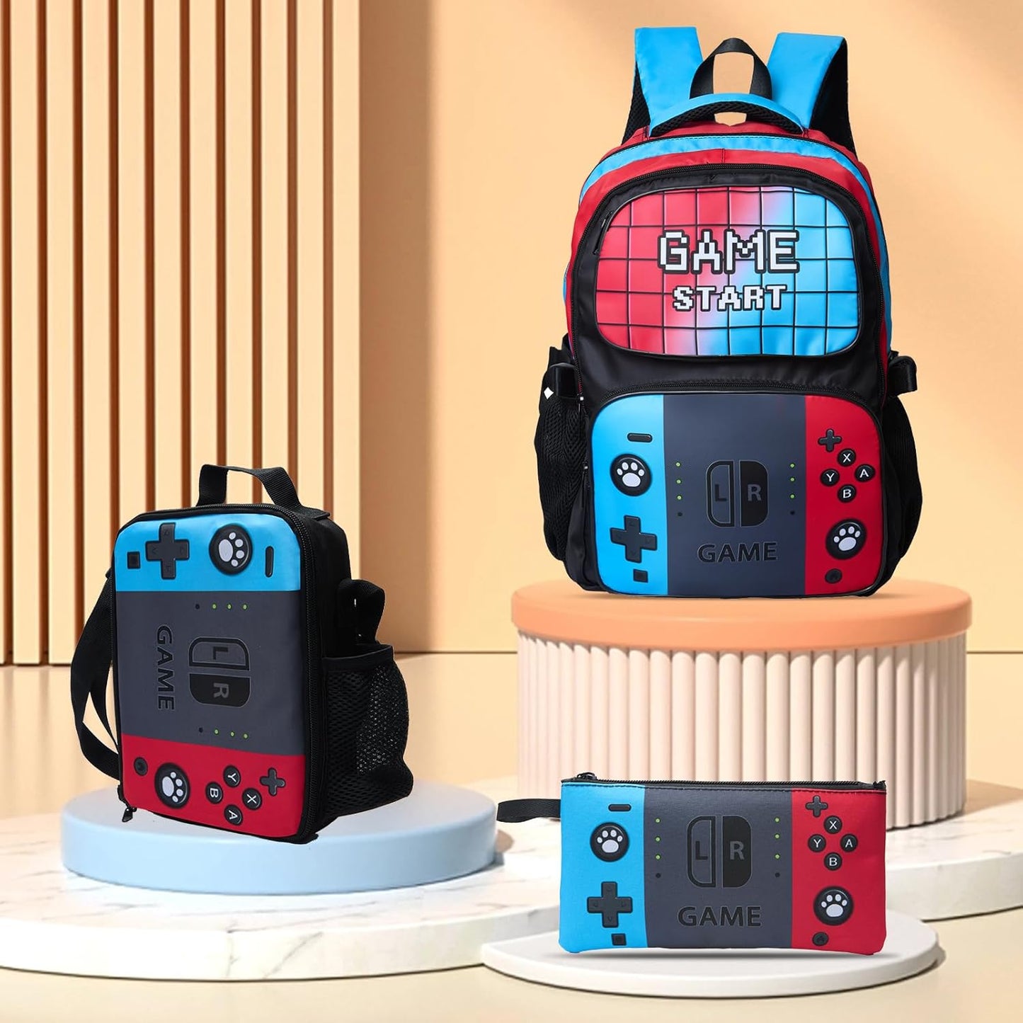 3pcs School Backpack for Boys 17”Kids Gamer Bookbag with Lunch Box&pencil case for Children Elementary Middle Students