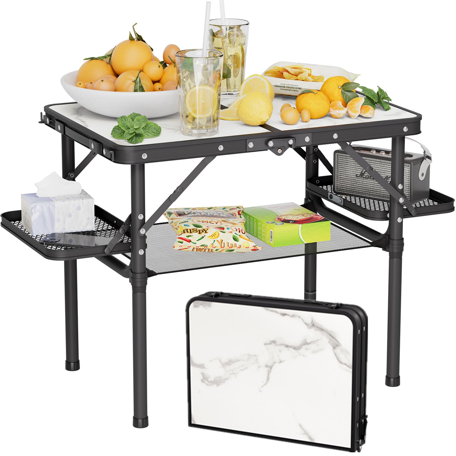 Titanker Small Camping Table Foldable 2ft, Folding Picnic Table with Side Racks & Net, Folding Camp