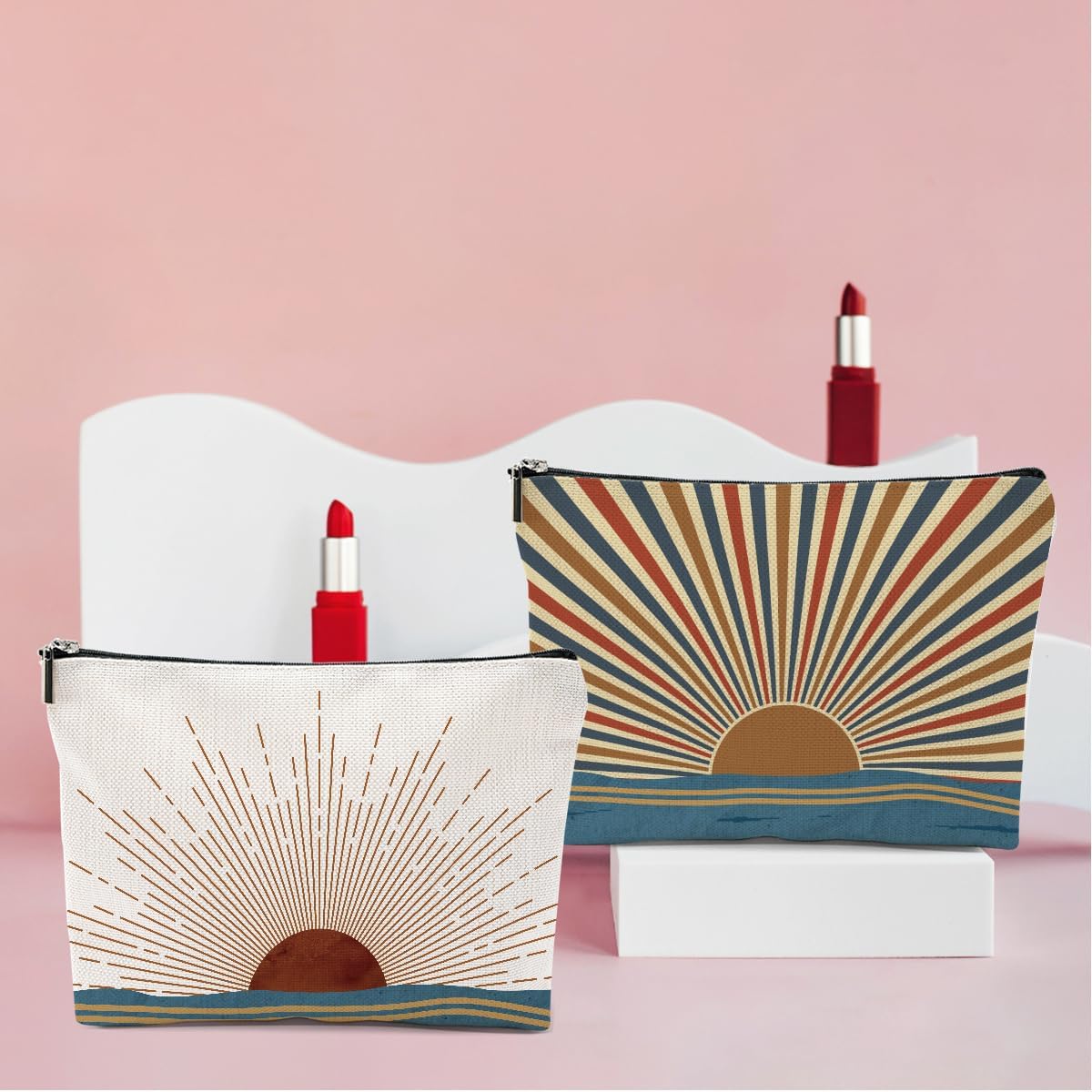 2PCS Boho Makeup Bag, Boho Gifts for Women, Sunlight Rays Natural Linen Zipper Pouch Best Gifts for Girls Sister Travel Sunshine Cosmetic Bag