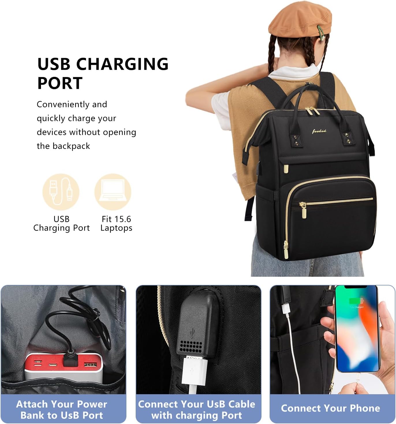 Women Laptop Backpack Teacher Bags: 17.3 Inch Nurse Computer Backpack with USB Port Work Bag Stylish Travel Daypack Bookbag Waterproof for Business Woman Gifts BLACK