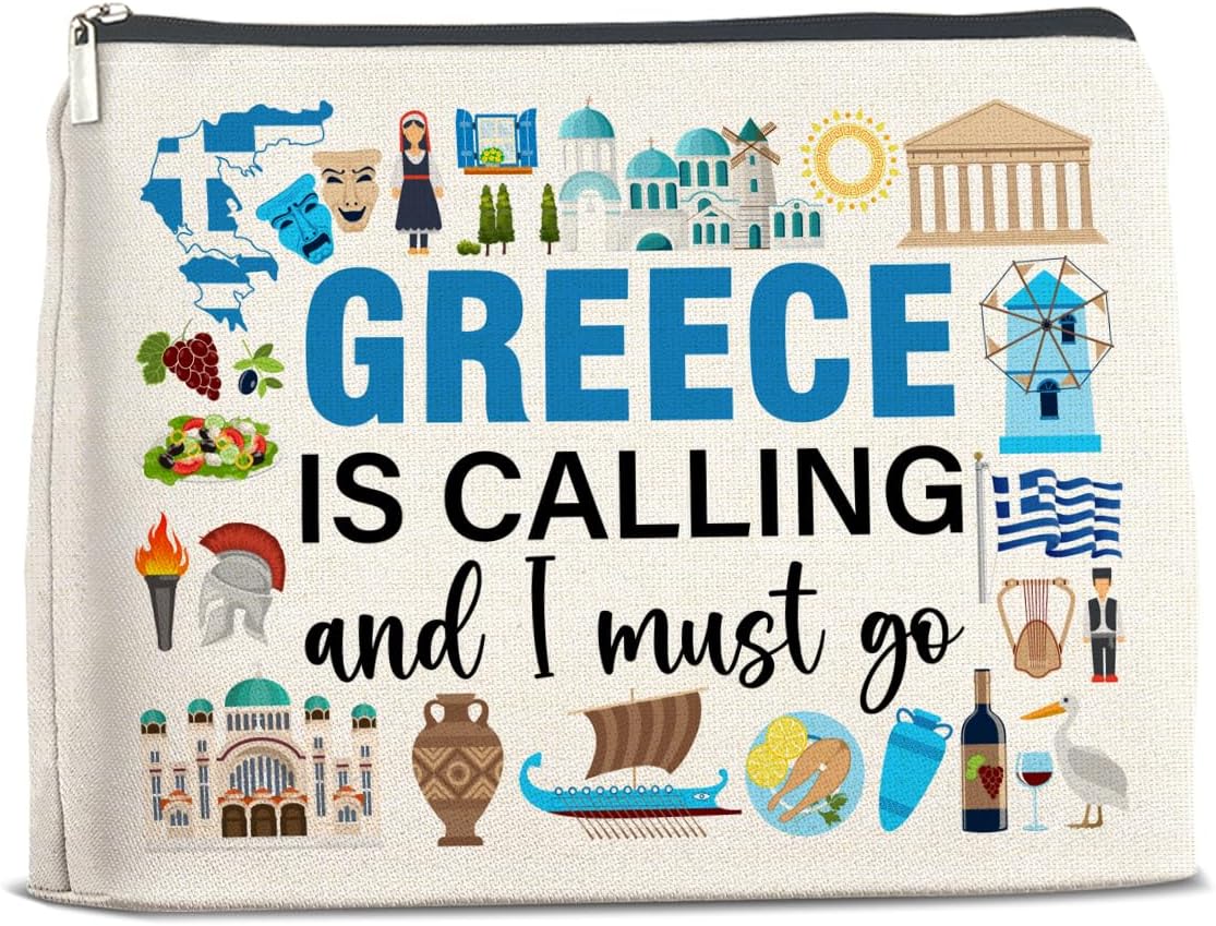 Greece Travel Gifts Makeup Bag Souvenir Gifts for Women Friends Traveler Cosmetic Bag Greece Is Calling Zipper Makeup Pouch Gift