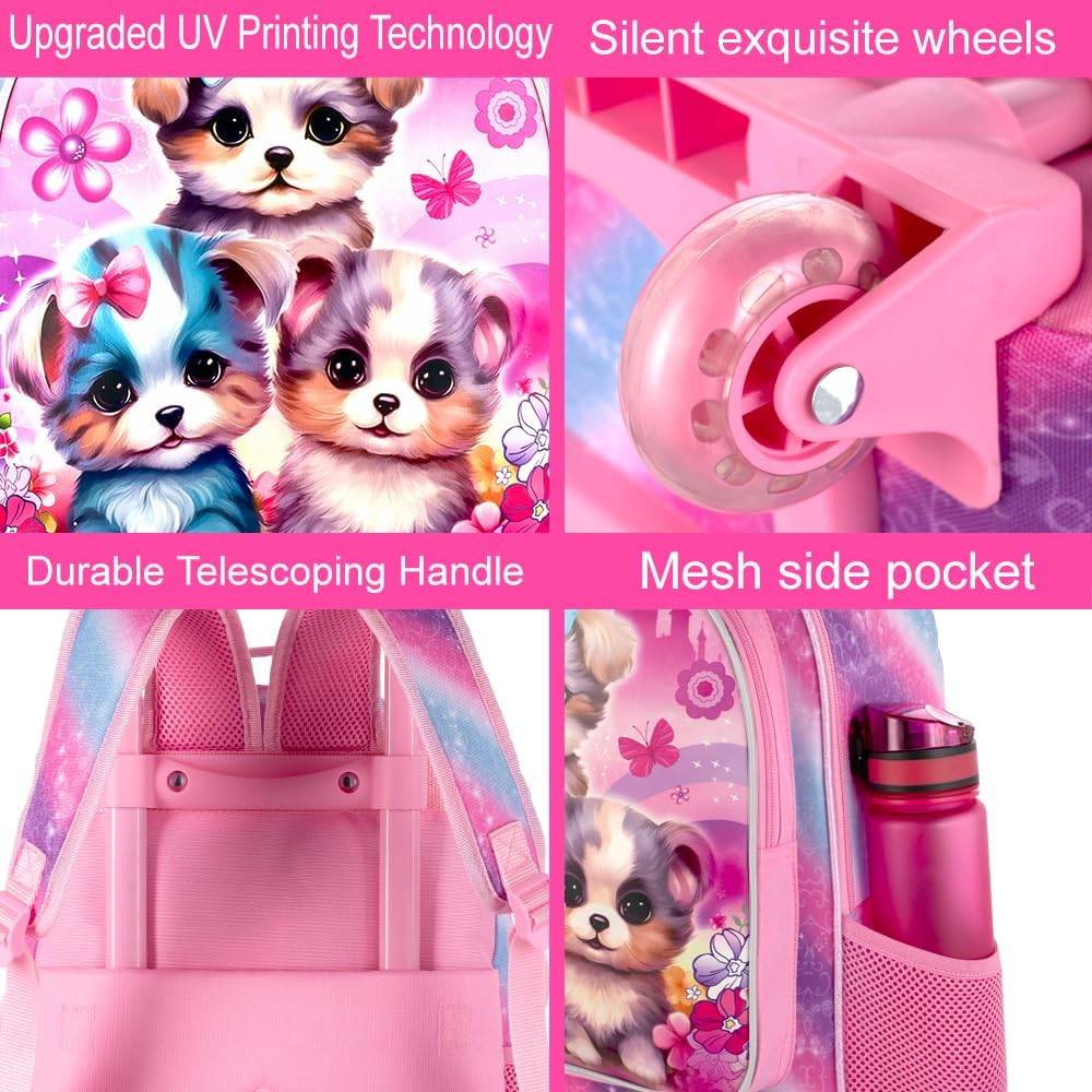 3PCS Rolling Backpack for Girls and Boys, Kids Roller Wheels Bookbag, Wheeled Elementary School Bag with Lunch Bag