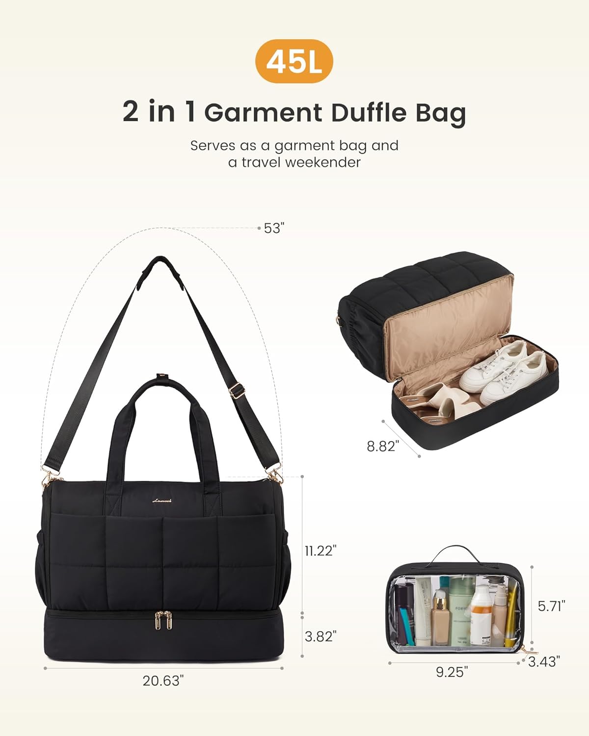 LOVEVOOK Garment Bags for Travel,Convertible Garment Bag for Women with Shoe Pouch,Carry on Duffel Bag with Toiletry Bag, 2 in 1 Hanging Suitcase Suit Bag,Waterproof Weekender Bags for Business Trip
