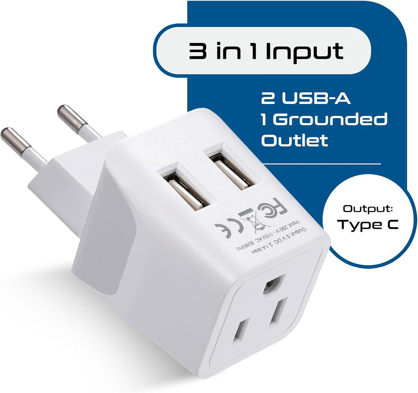 Ceptics Italy, Europe Travel Adapter Plug Set - 2 Pack - with 2 USB + USA Socket Input - Type L and Type C - Ultra Compact - Safe Grounded Perfect for Cell Phones, Laptops, Camera Chargers