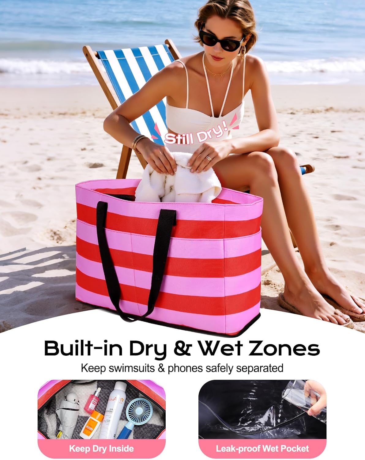 Beach Bag with Cooler, 54L Large Waterproof Sandproof Travel Tote Bag, Duffel Weekender Bag for