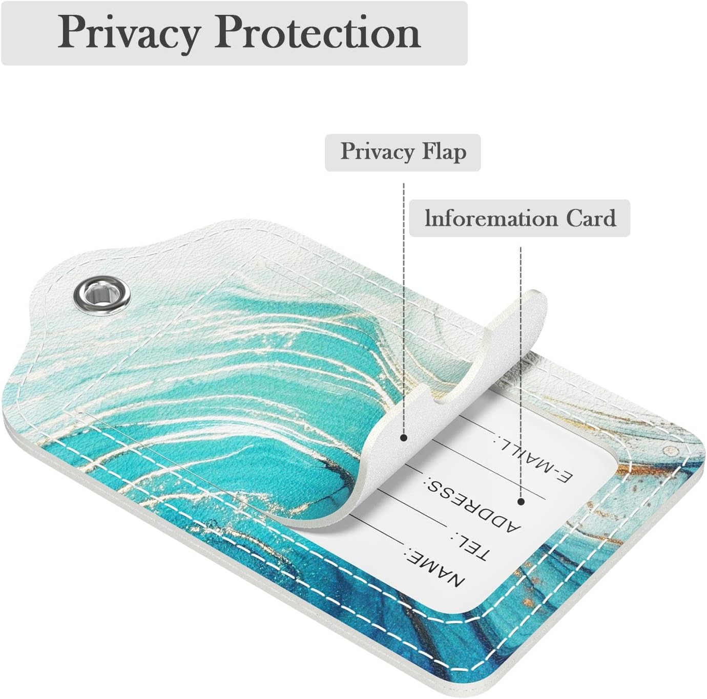 Luggage Tags for Suitcase, 2 Pack PU Leather Travel Cruise Luggage Tag with Privacy Flap, Name ID Label and Metal Loop for Women Men Suitcase Baggage Bag Backpack Instrument, Teal Gold Ocean