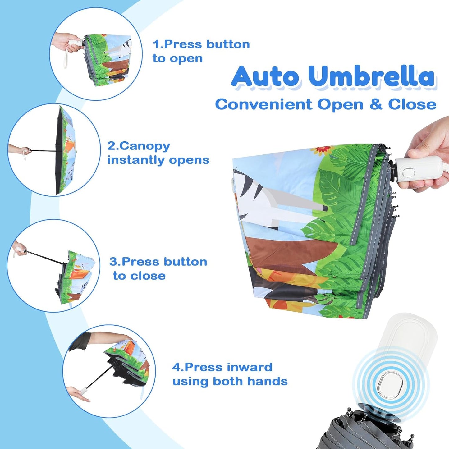 Autoamtic Kids Umbrella UV Resistant, Folding Compact Umbrella 360° Reflective Strip for Travel Outdoor, Lightweight Cute Kids Parasol Anti-rebound Safe for Toddler