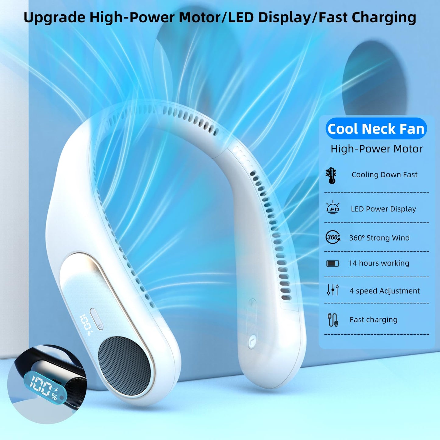 Namecute Portable Neck Fan, Personal Wearable Bladeless Fan for Outdoor Indoor, LED Display, 360°