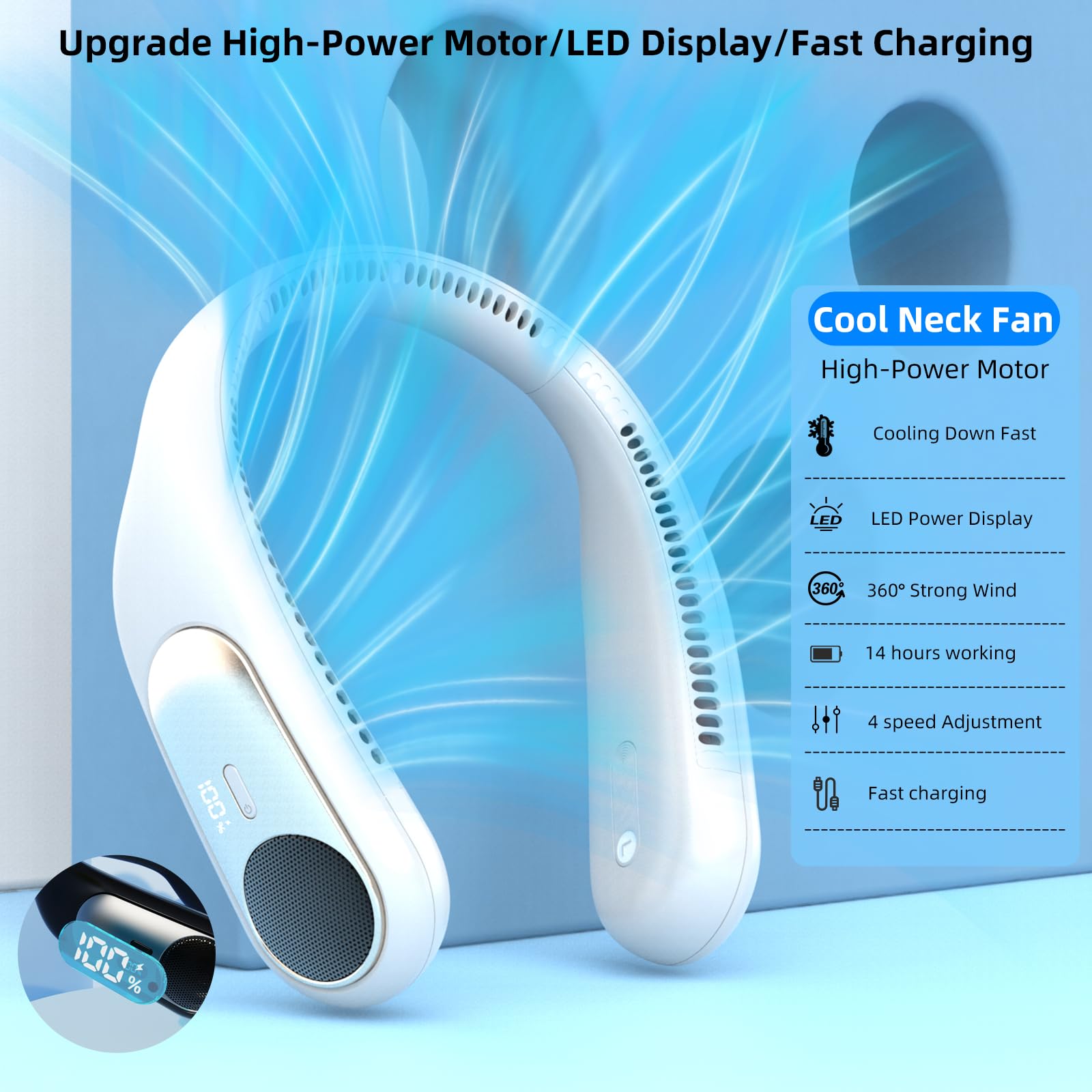 Namecute Portable Neck Fan, Personal Wearable Bladeless Fan for Outdoor Indoor, LED Display, 360°