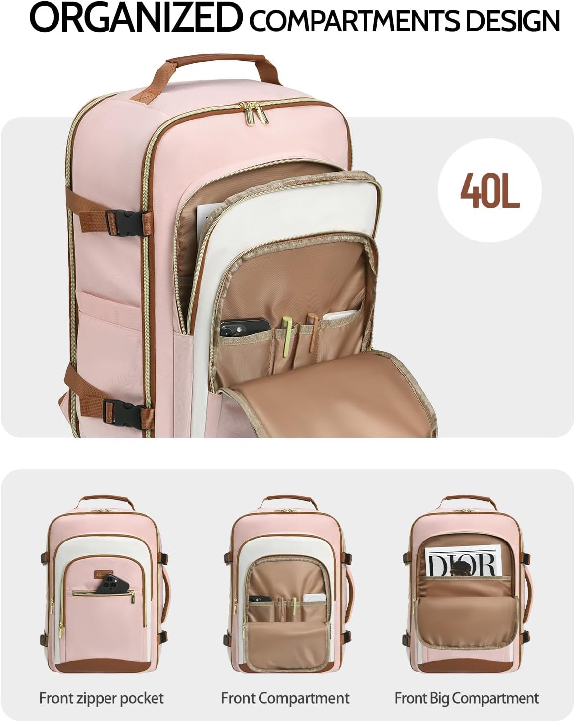 40L Travel Backpack for Women, Carry On Bag Flight Approved, Waterproof Backpack with 3 Packing Cubes, Weekender Personal Item Bag for Airplane Travel Essentials, TSA Approved