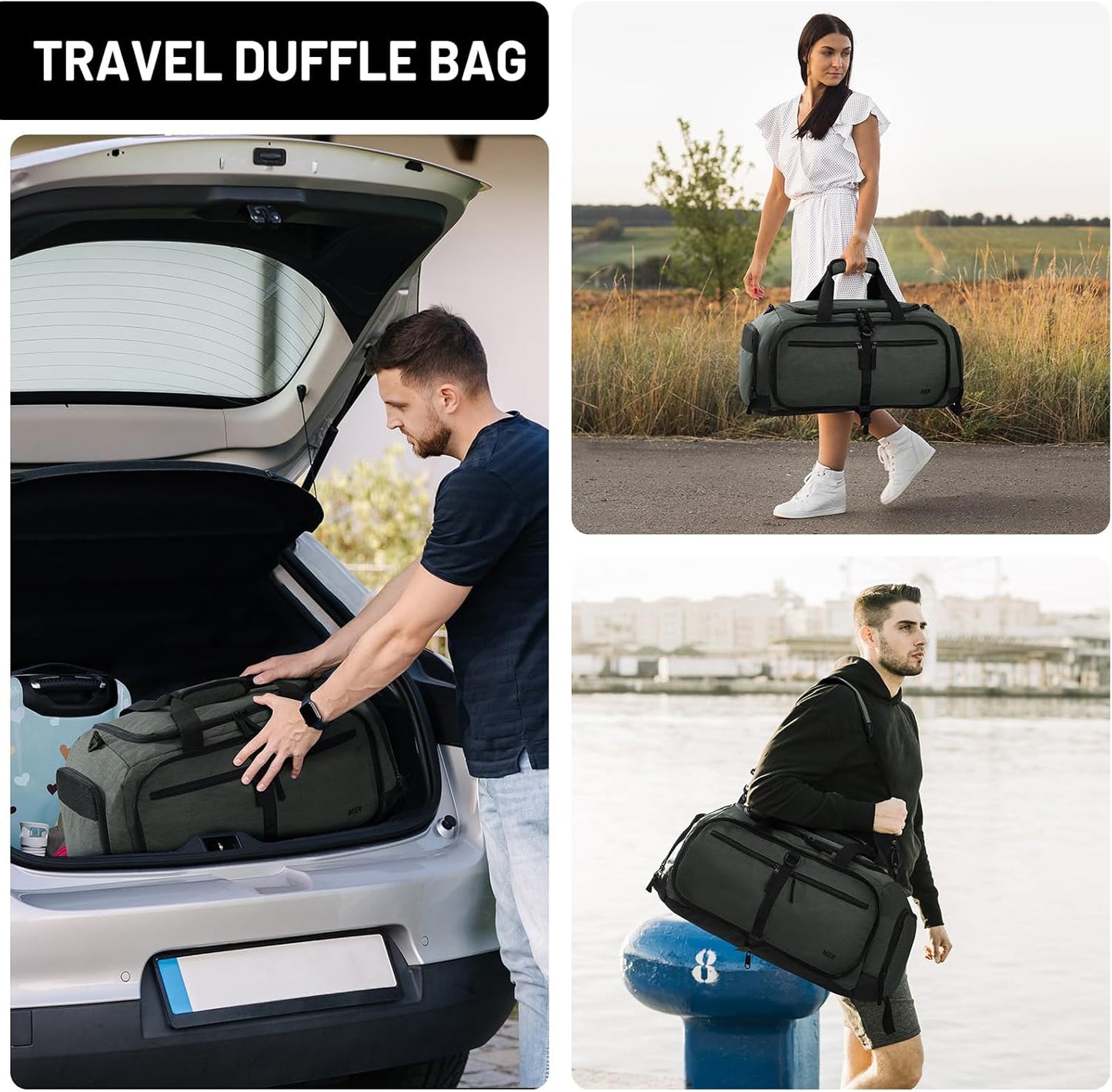 MIER Foldable Duffle Bag with Shoe Compartment 50L Travel Duffel Bags for Men Women Packable Overnight Bag for Camping Gym Weekender, Green Gray