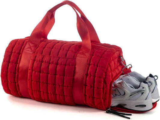 Quilted Duffel Gym Bag for Men and Women Carry On Travel Sport Weekender Bag, Red