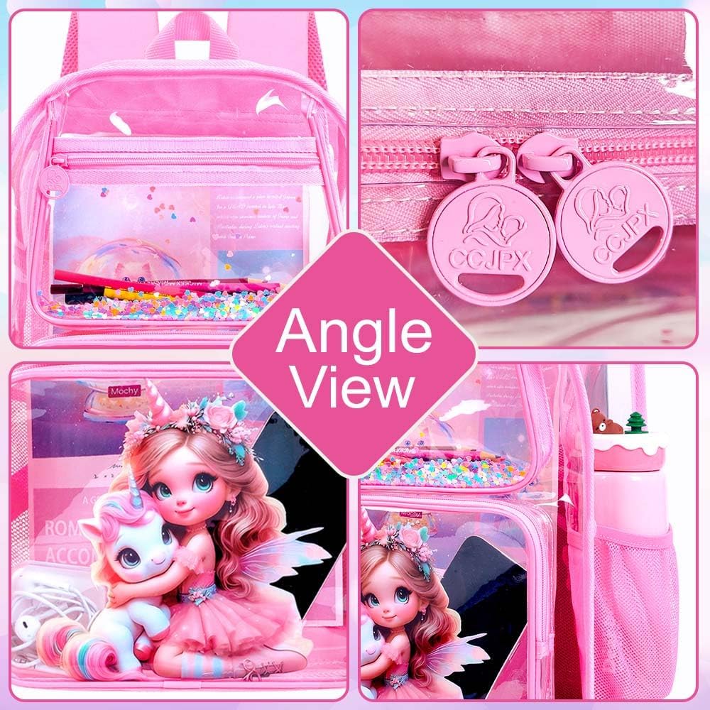 Clear Backpack for Girls and Boys, Kids Transparent Bookbag, 3PCS Cute See Through School Bag for Elementary Prechool