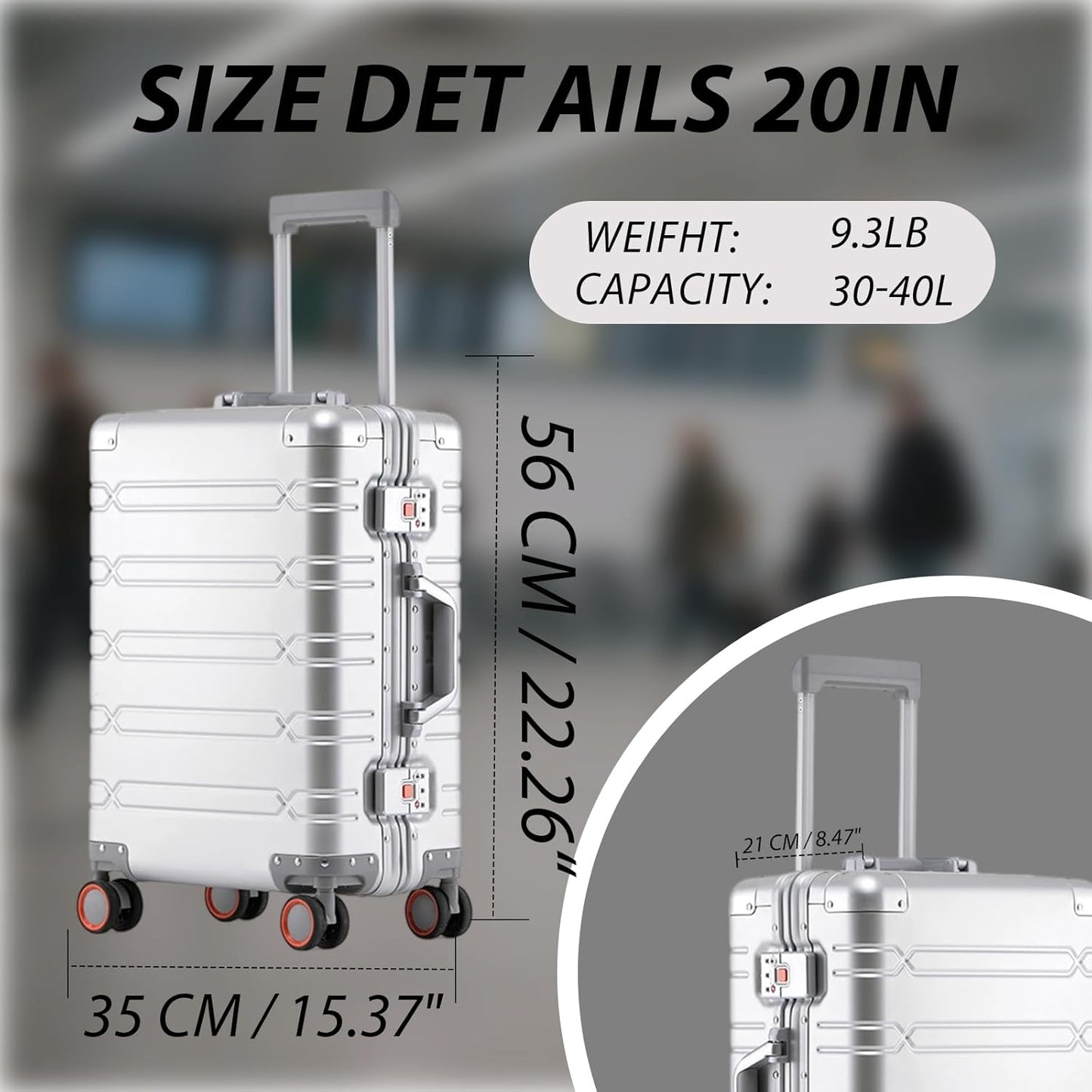 Tmore Aluminum Frame Luggage with Spinner Wheels, with TSA Locks Hard Shell Suitcase, Business 20" Silver Small