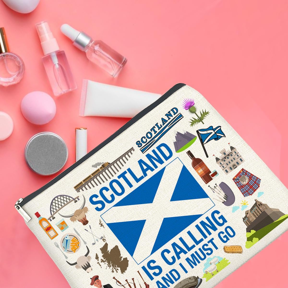 Scotland Travel Gifts Makeup Bag Scotland Gifts for Women Friends Traveler Cosmetic Bag Scotland Is Calling Zipper Makeup Pouch