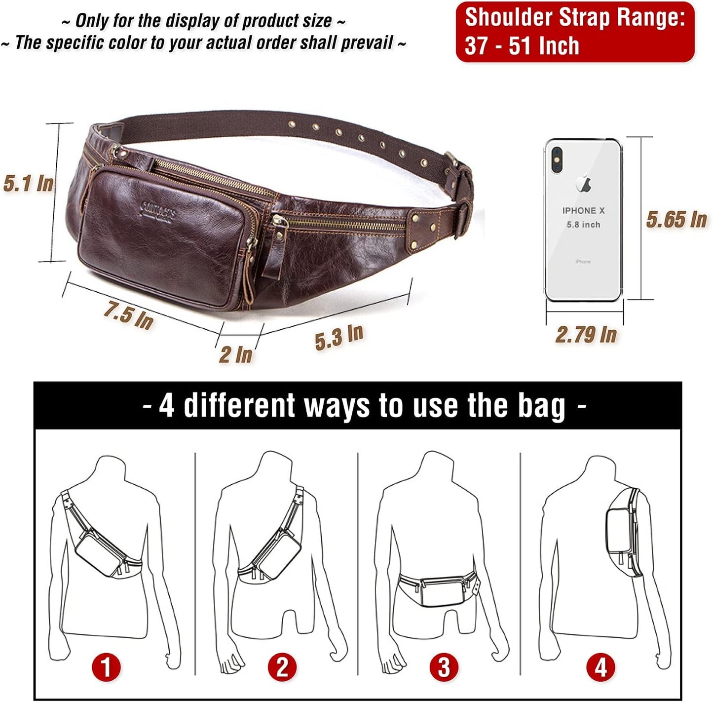 Top Grain Genuine Leather Slim Waist Pack for Man & Woman, Vintage Design & 4 Zipper Pockets & Adjustable Strap, Handmade, Large Capacity Fanny Pack Crossbody Belt Bag for Travel or Ride, Dark Coffee