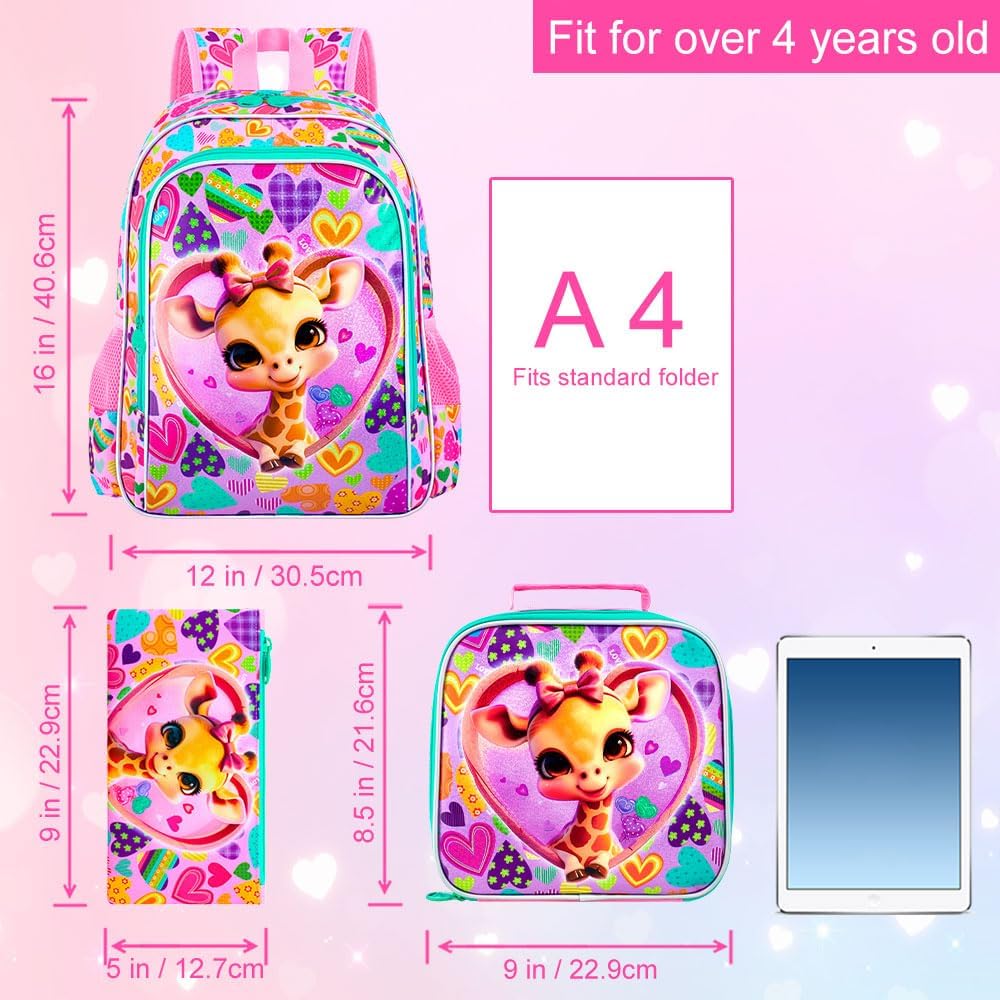 3PCS Girls Backpack, Kids Water Resistant Heart Bookbag Set with Lunch Box, Cute Kids School Bag for Preschool Toddler