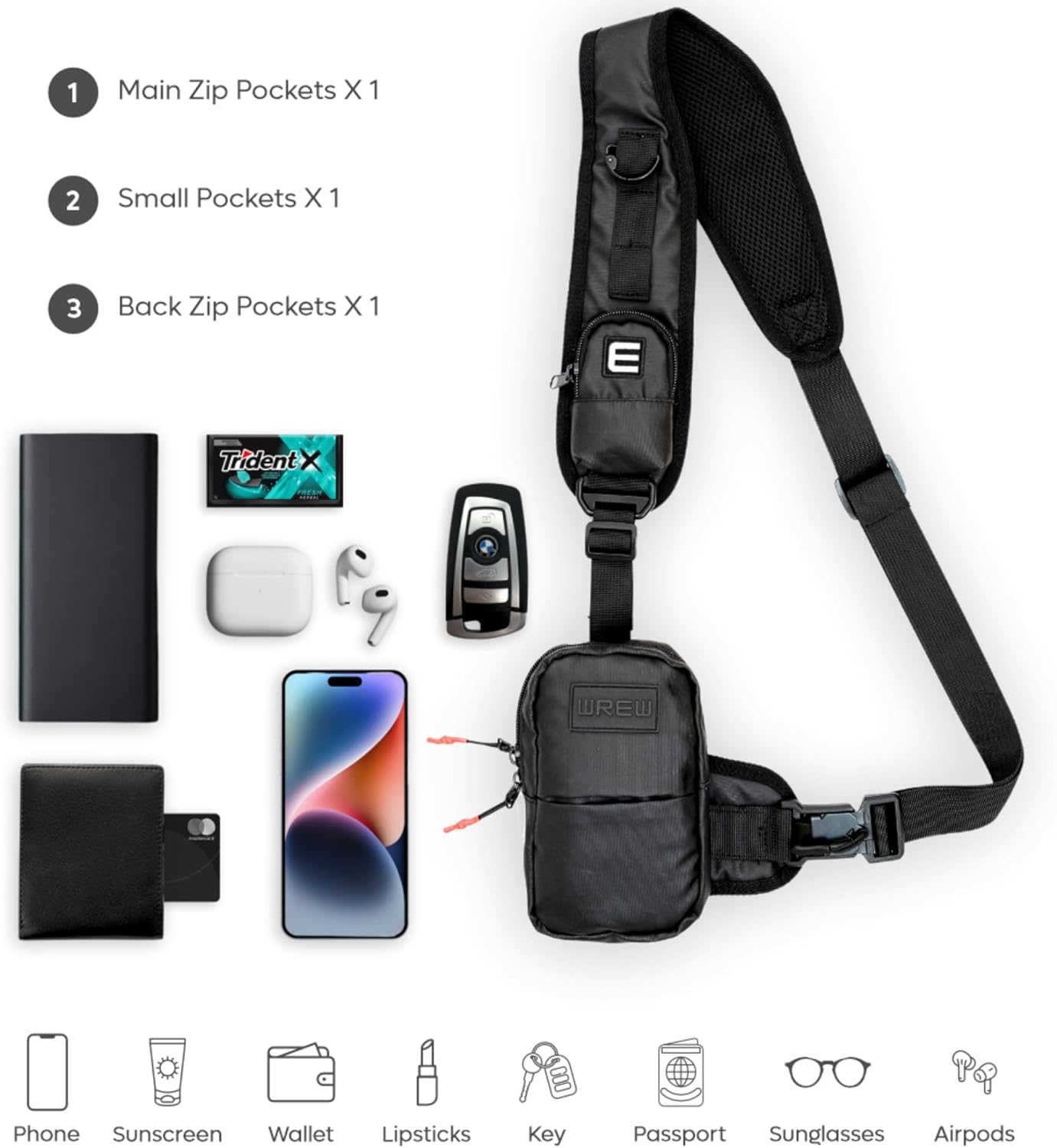 Small Sling Bag for Men-Cross body bag with Shoulder Straps,Mini Sling Crossbody bag for Women-Travel Backpack for Hiking,Daypack Multipurpose Over the Shoulder Chest Bags with Keyholder(Black)