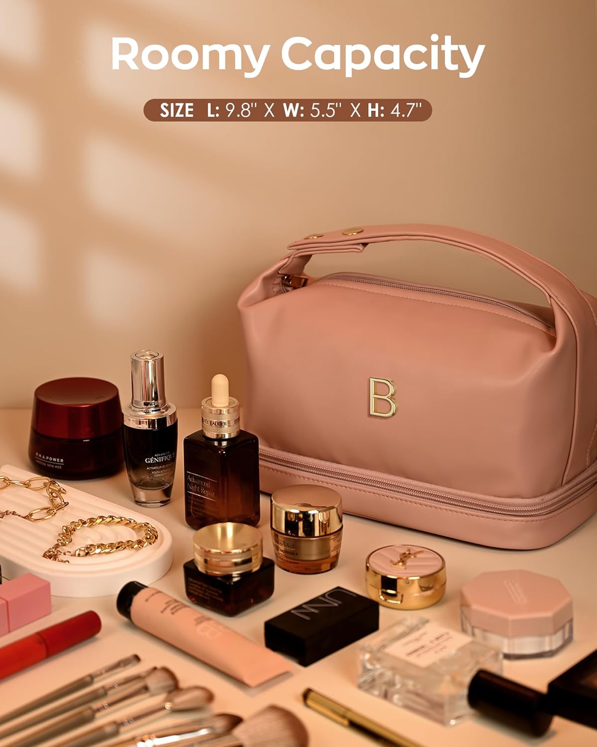 Makeup Bag Personalized Bags with Handle, Waterproof Double Layer Cosmetic Bag, Large Capacity PU Leather Makeup Bags Letter Travel Toiletry Bag with Makeup Brush Organizer