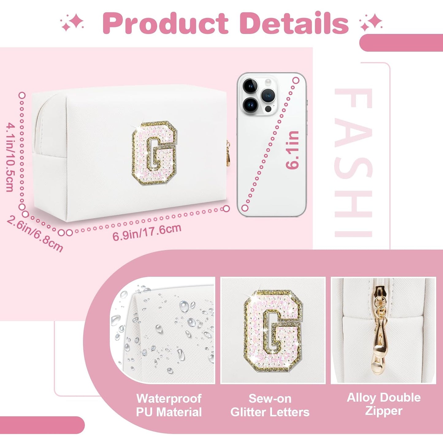 Small Initial Patch Makeup Bag Personalized Gifts Make Up Bag,White Cute PU Leather Glitter Letter Cosmetic Bag with Zipper,Trendy Portable Travel Toiletry Pouch,Preppy Stuff for Teen Girls Women G