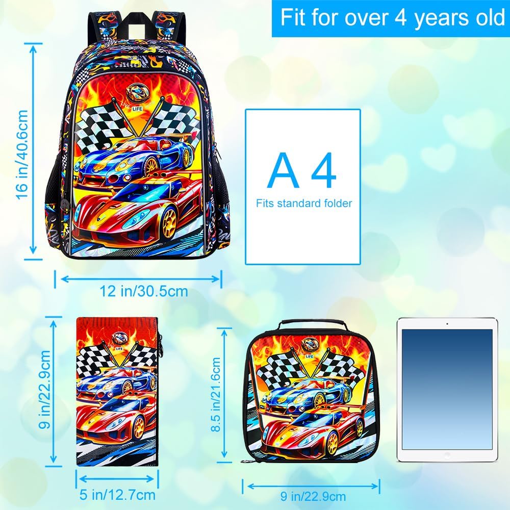 3Pcs Cars Backpack, 16" Boys Bookbag with Lunch Box, Kids School Backpacks Set for Elementary Preschool Kindergarten