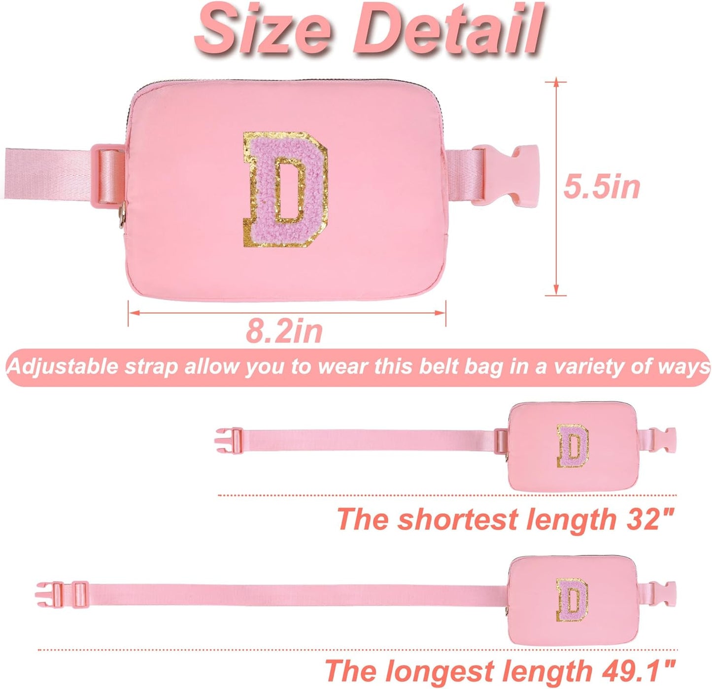Personalized Belt Bag for Women Girls - Fashion Mini Waist Packs with Adjustable Strap - Trendy Travel Fanny Pack Crossbody Bags with Initial Letter - Teen Gifts | Peach,D