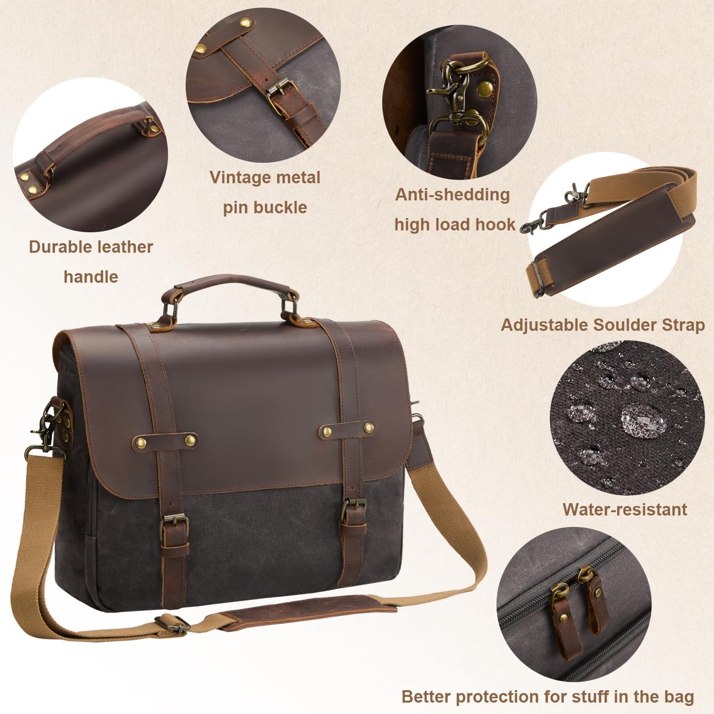 Mens Messenger Bag Waxed Canvas Laptop Briefcase 16“ Vintage Genuine Leather Crossbody Bags Waterproof Satchel Shoulder Bag