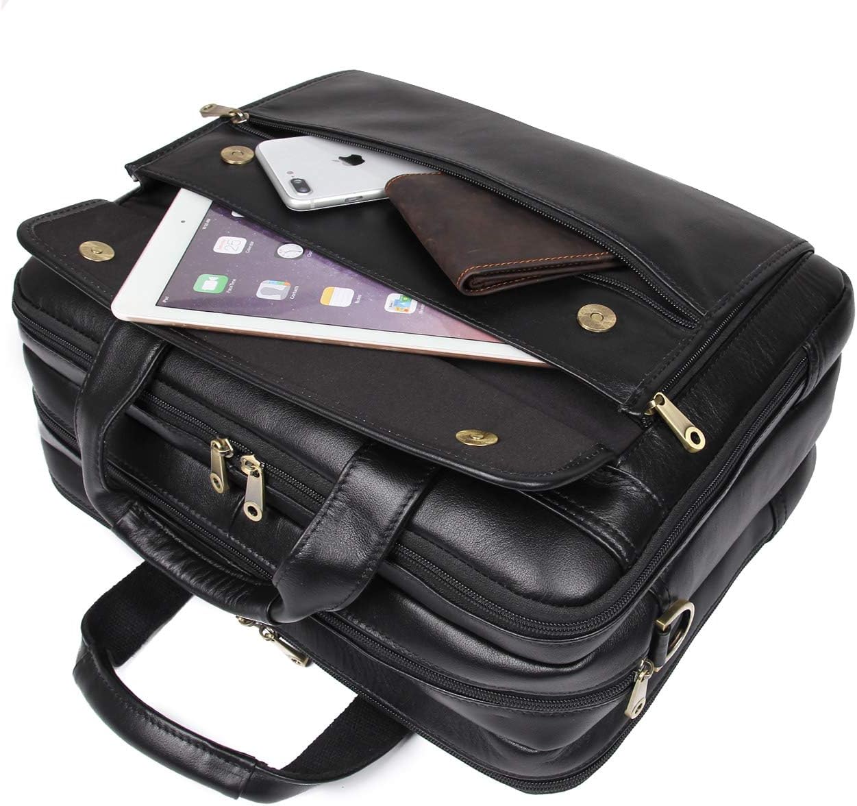 Augus Leather Briefcase for Men Business Travel Messenger Bags 15.6 Inch Laptop Bag, Black