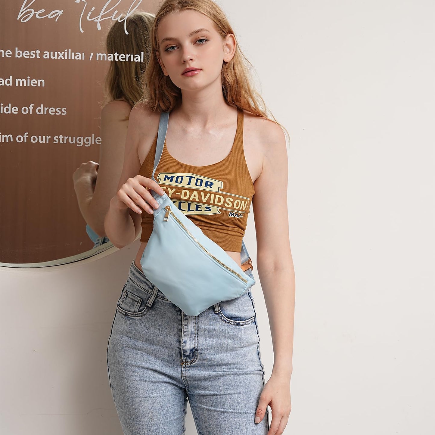 Belt Bag Crossbody Stadium Concert Bag for Women Water-Resistant Nylon Waist Pack (Light Blue)
