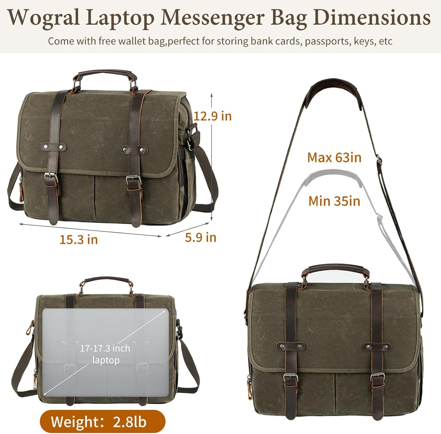 Wogarl 15.6" Messenger Bag for Men: Leather Waxed Canvas Briefcase Large Computer Laptop Bag Handbags Crossbody Bags for Work
