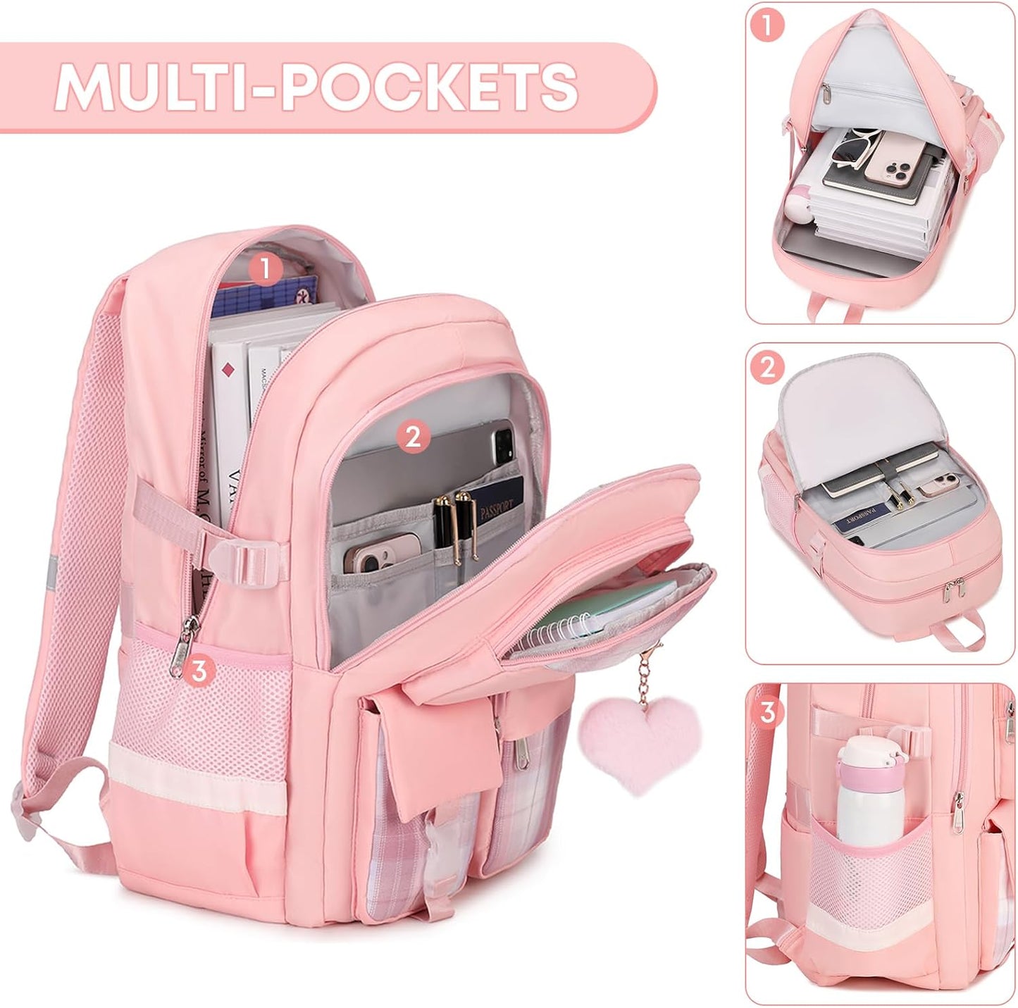 3PCS School Backpack For Student Women College Middle High Teen Girls Bookbag Waterproof Laptop Bag Plaid Pink