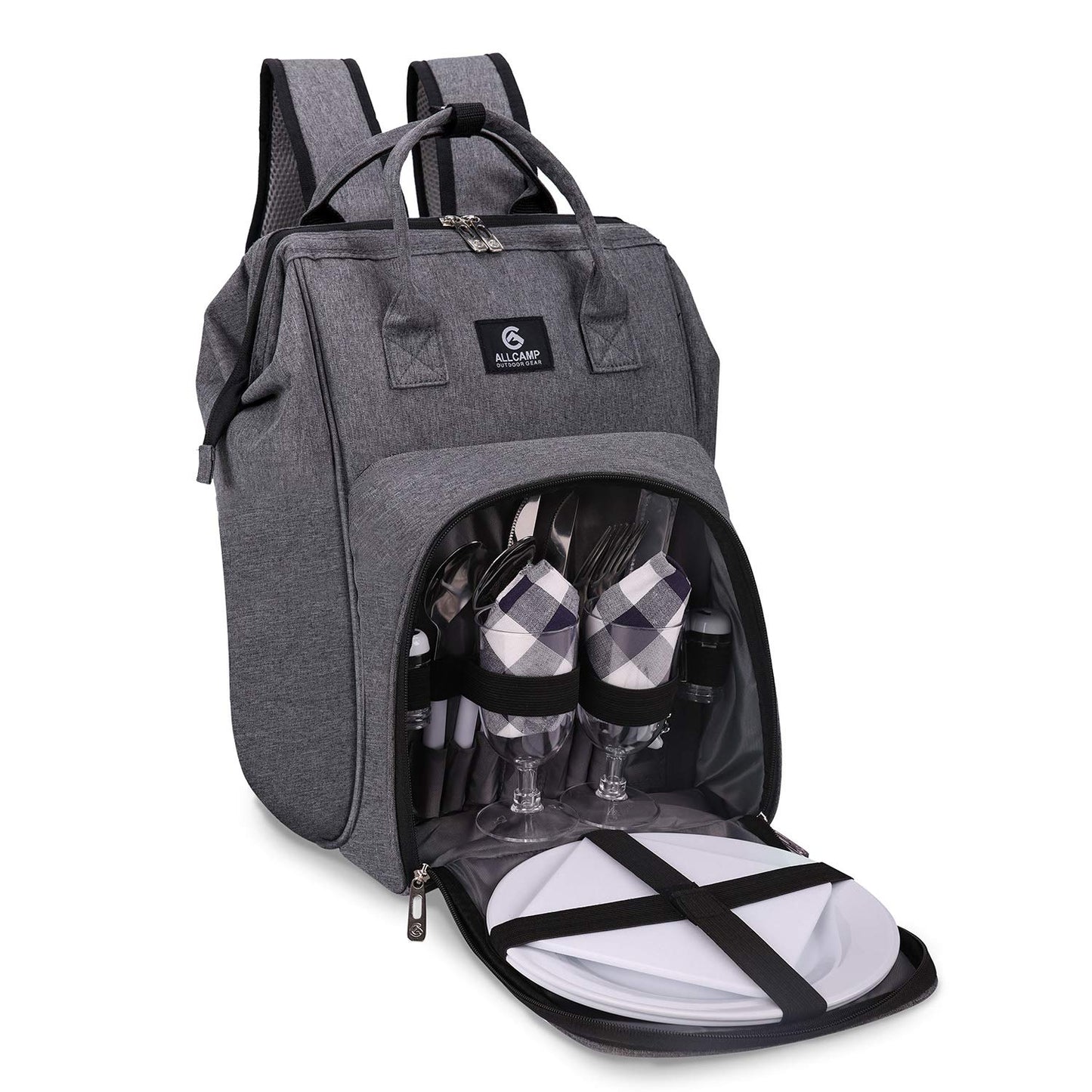 ALLCAMP Picnic Backpack, 2-Person Set with Blanket and Wine Holder, Gray