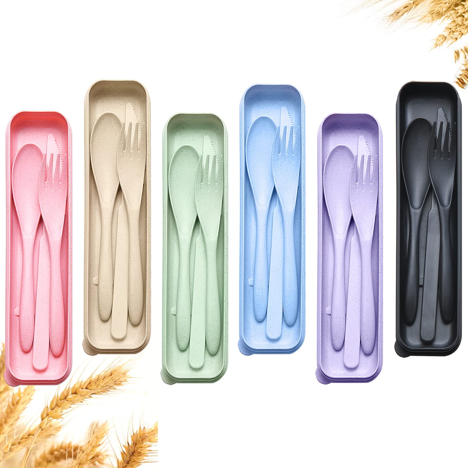 YDYTOP Reusable Travel Utensils Set with Case, 6 Sets Wheat Straw Portable Knife Fork Spoons