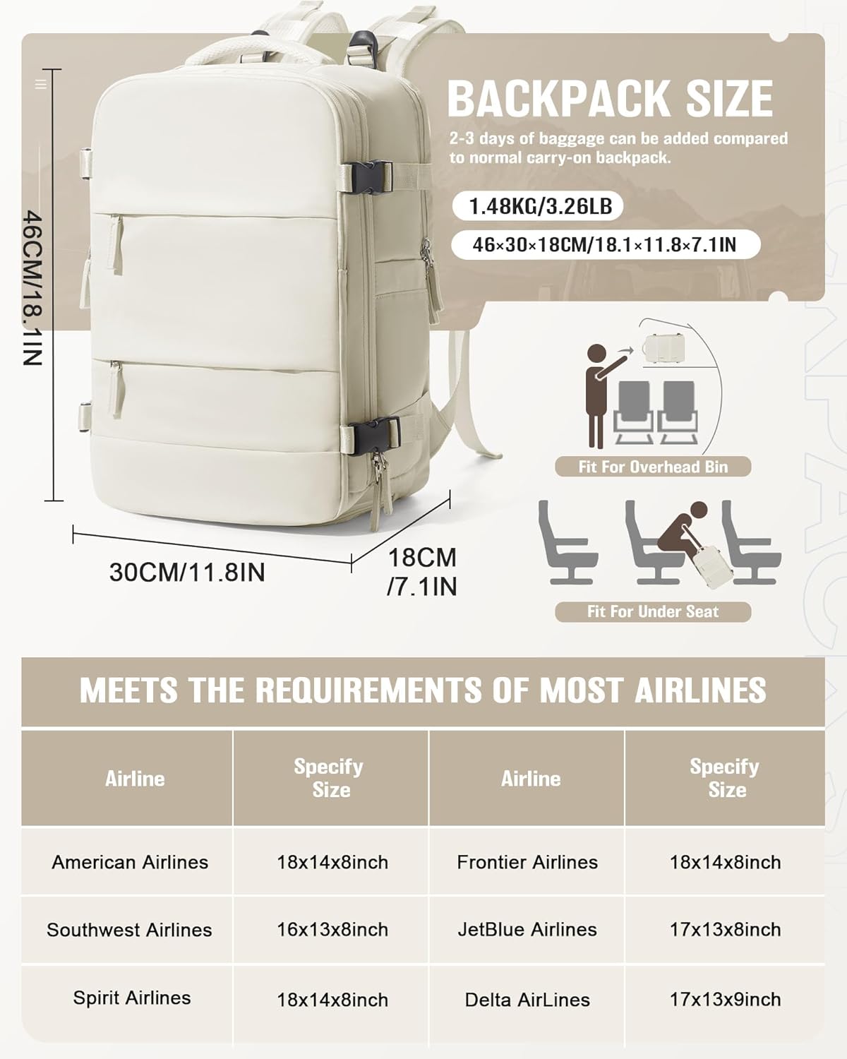 Vacuum Backpack Travel with pump,Flight Approved 18x14x8 Inches,Personal Item Travel Bag,Vacuum Seal Compression Backpack with Pump for Travel, 15.6 Inches Laptop Bag for Men,Beige
