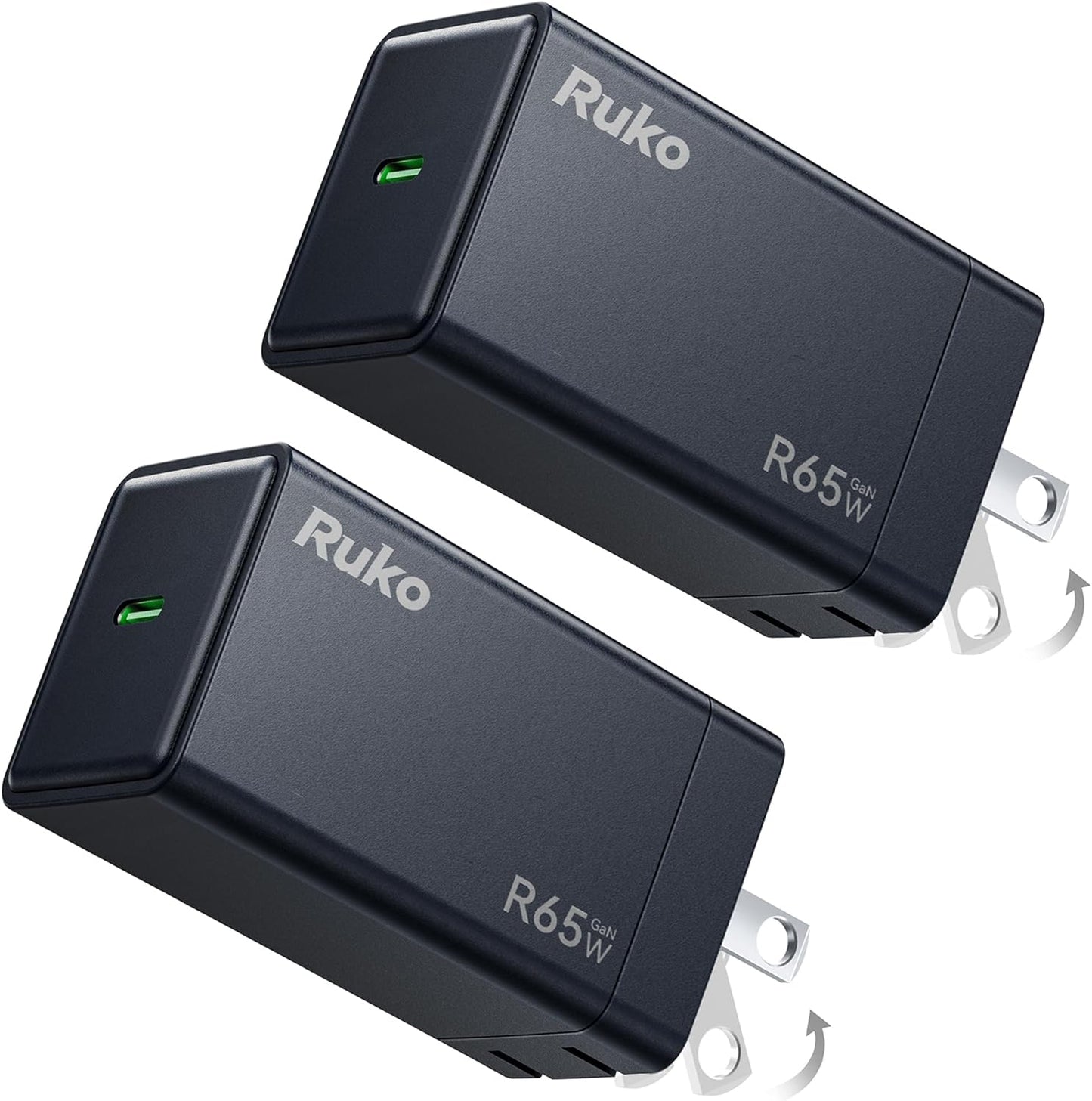 Ruko 65W USB C Charger, 2-Pack, GaN Fast Charger, Compact & Foldable, Compatible with MacBook Pro/Air, iPhone 17/16, Galaxy S25/S24, Pixel 10/9, Drone and More