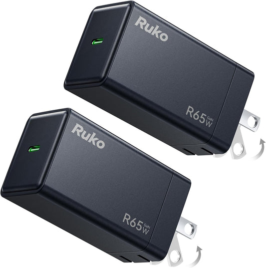 Ruko 65W USB C Charger, 2-Pack, GaN Fast Charger, Compact & Foldable, Compatible with MacBook Pro/Air, iPhone 17/16, Galaxy S25/S24, Pixel 10/9, Drone and More