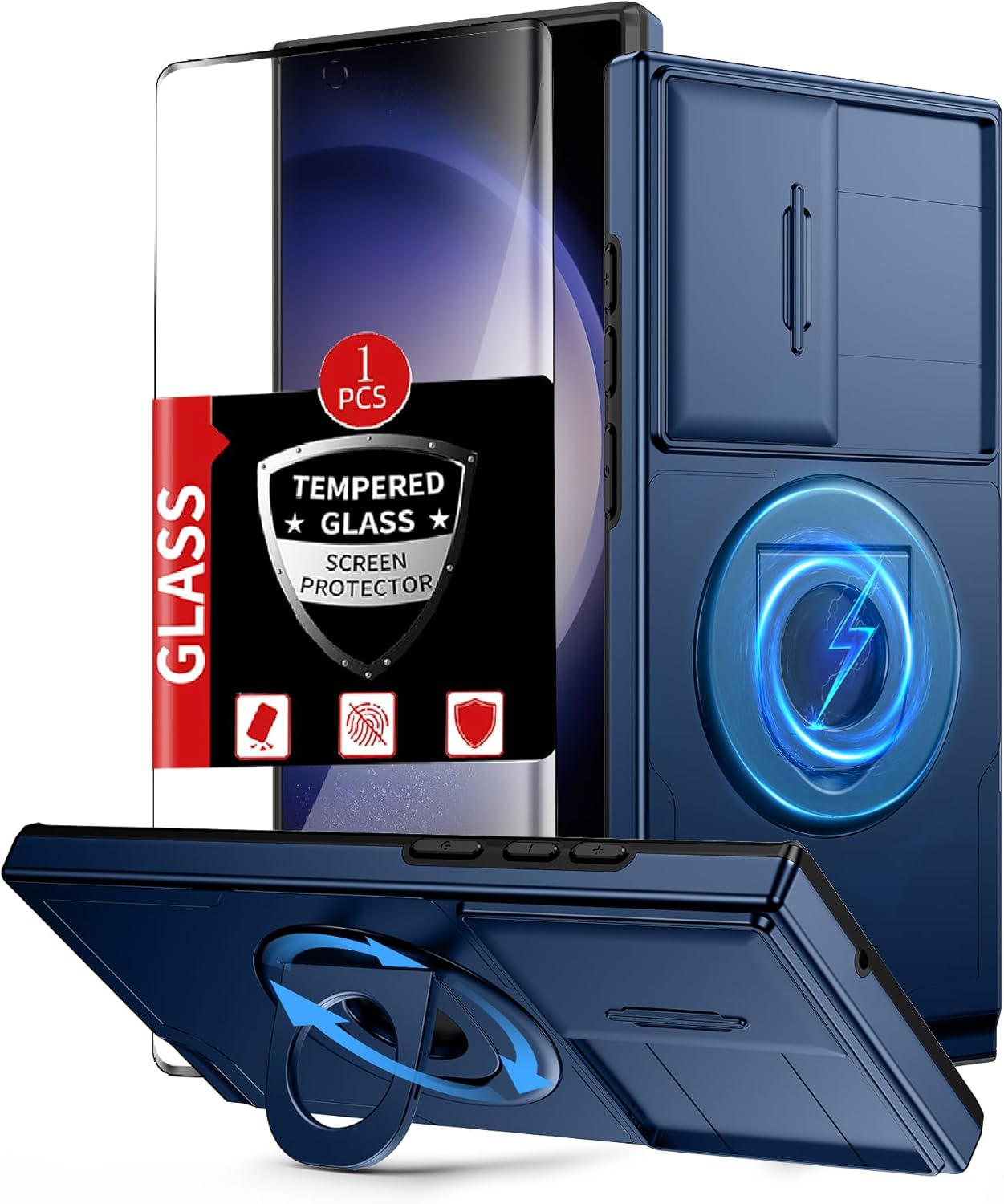 for Samsung Galaxy S23 Ultra Case Magnetic Compatible with MagSafe Wireless Charging,with Screen Protector,Built-in Stand Ring+Camera Cover Anti-Scratch Shockproof Heavy Duty Protection Blue