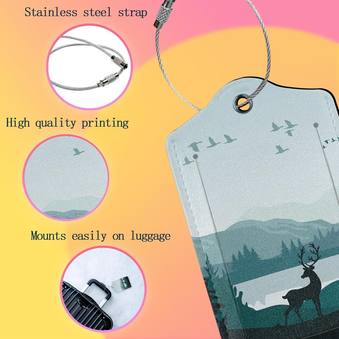 Luggage Tags for Suitcase,2 Pack Misty Forest Deer Leather Travel Cruise Luggage Tag with Privacy Flap,Name ID Label and Metal Loop for Women Girls Suitcase Backpack