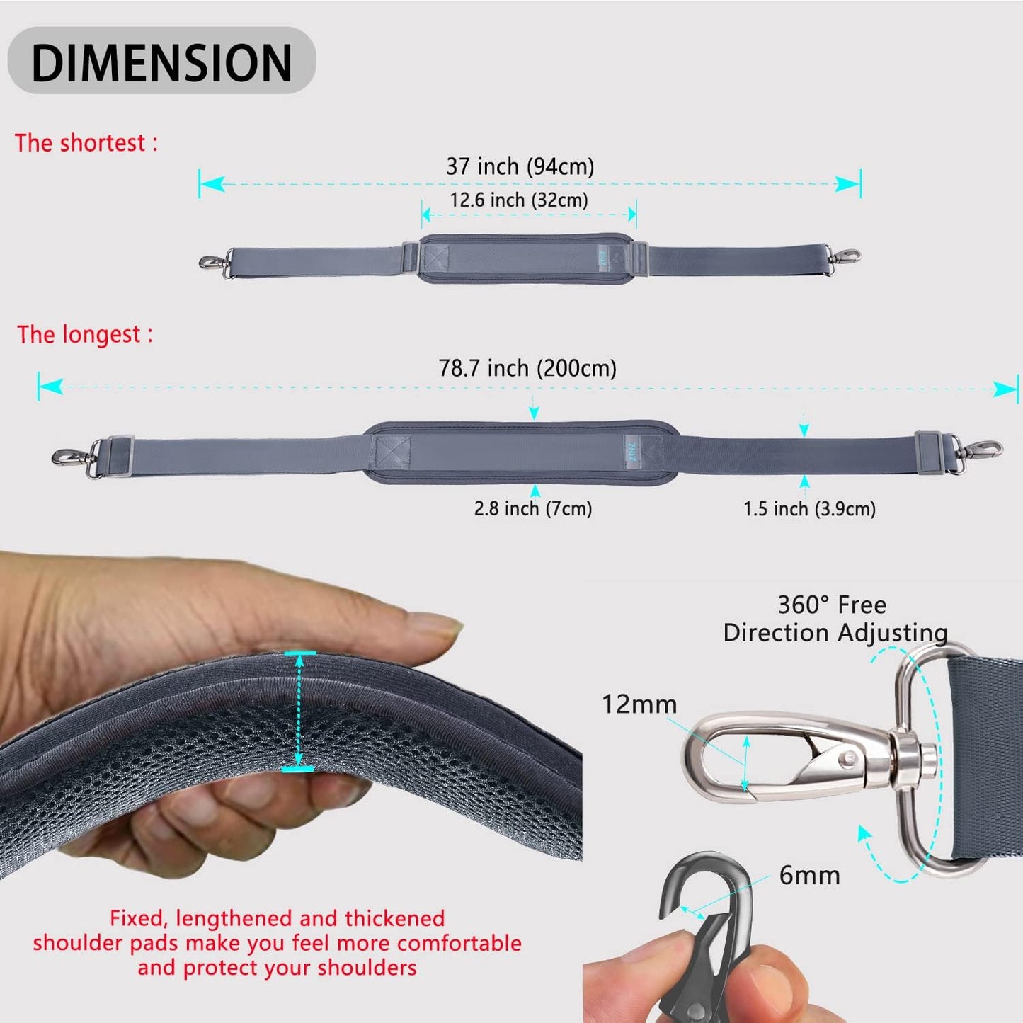 ZINZ 79 inch Shoulder Strap, Extra-thick Fixed Cushion Pad and Dual Clasps Universal Replacement Strap with Metal Swivel Hooks for Laptop Bags, Luggage Bags, Camera, Crossbody (200cm,Dark Gray)