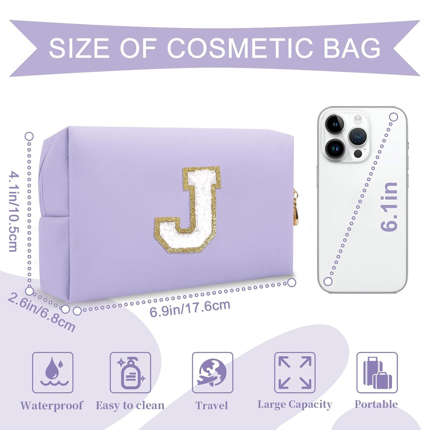 Personalized Makeup Bag Initial A-Z Preppy Patch Bag,Small PU Leather Travel Cosmetic Bag Pouch with Zipper,Purple Cute Toiletry Bag,Gift Ideal for Teen Girls Women Birthday Friend Mom,Latter J