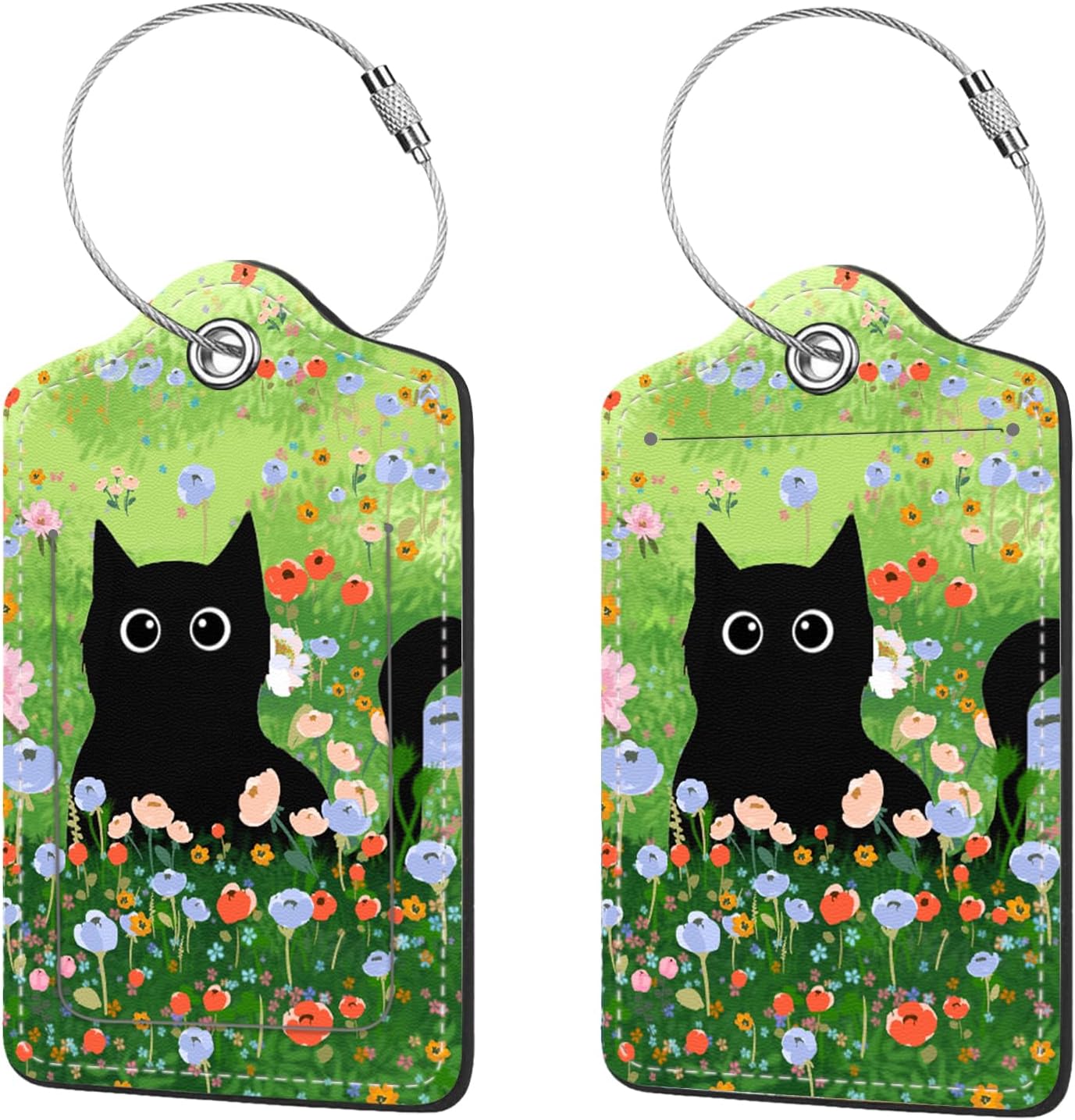 2 Pcs Luggage Tags for Suitcase, Cute Unique PU Leather Travel Bag Tag with Privacy Cover ID Label Address Card and Durable Metal Ring Suitable for Men Women Children Backpack,Black Cat On The Grass